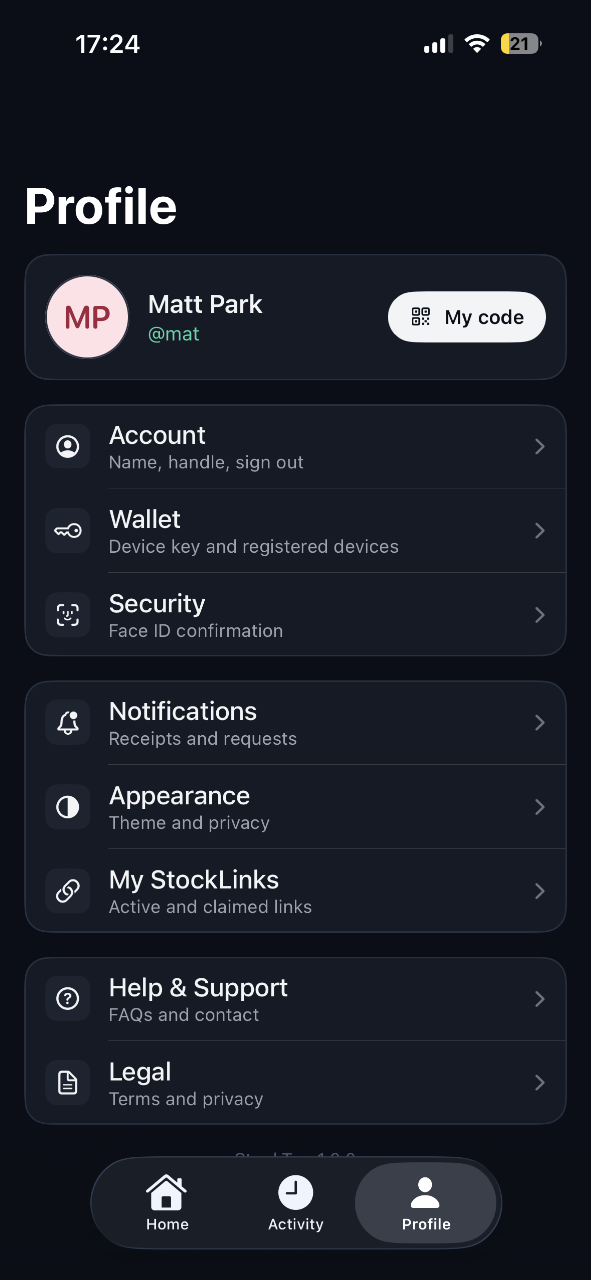 Profile screen from the iOS beta — account, wallet, Face ID security and StockLinks