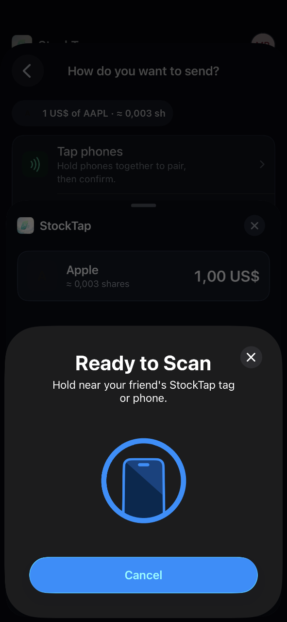 Tap-to-send in the iOS beta — the NFC Ready to Scan sheet over a transfer of one dollar of Apple stock